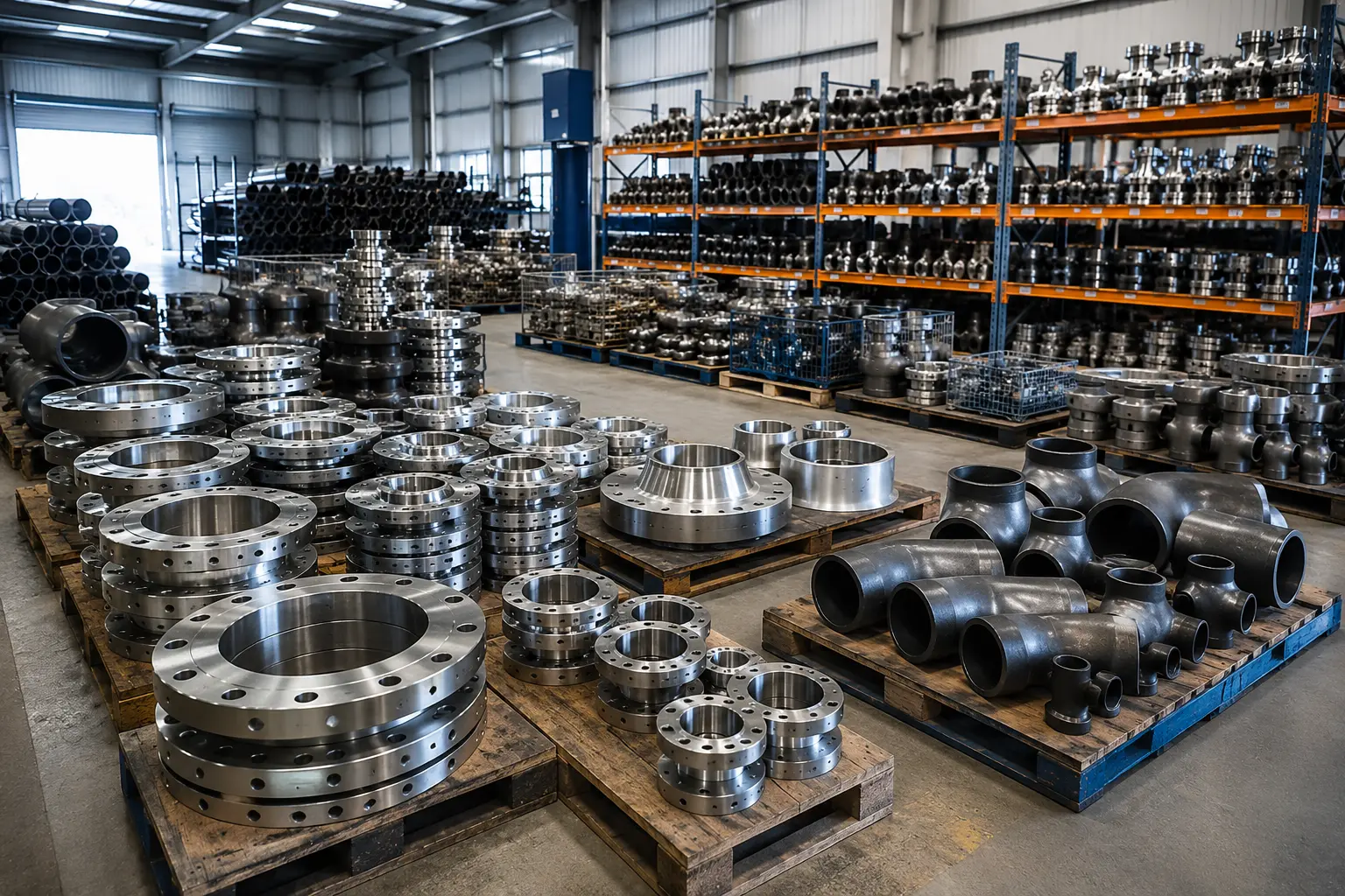 Industrial warehouse with stacked steel pipes and flanges