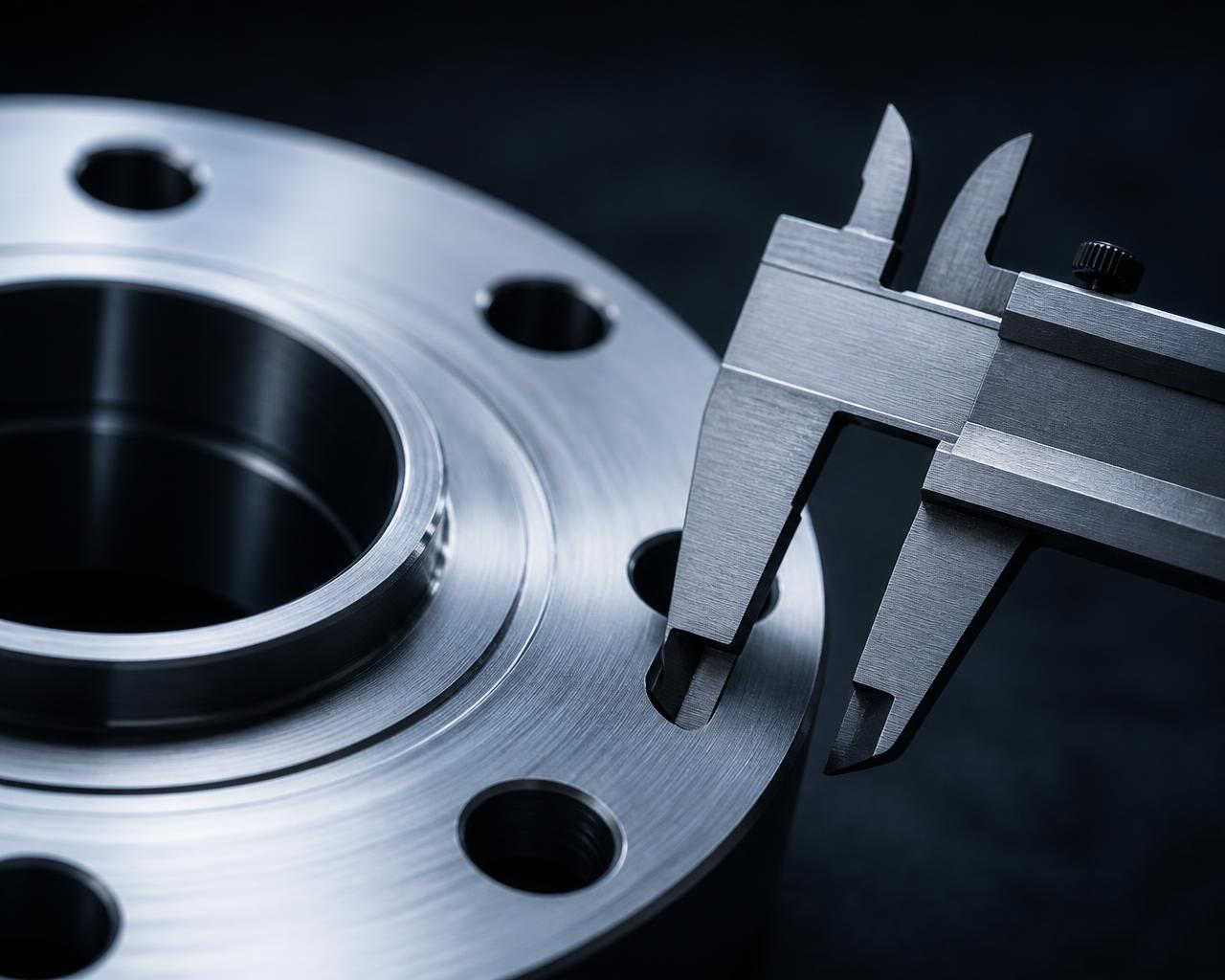 Machined steel flange face being measured with a caliper